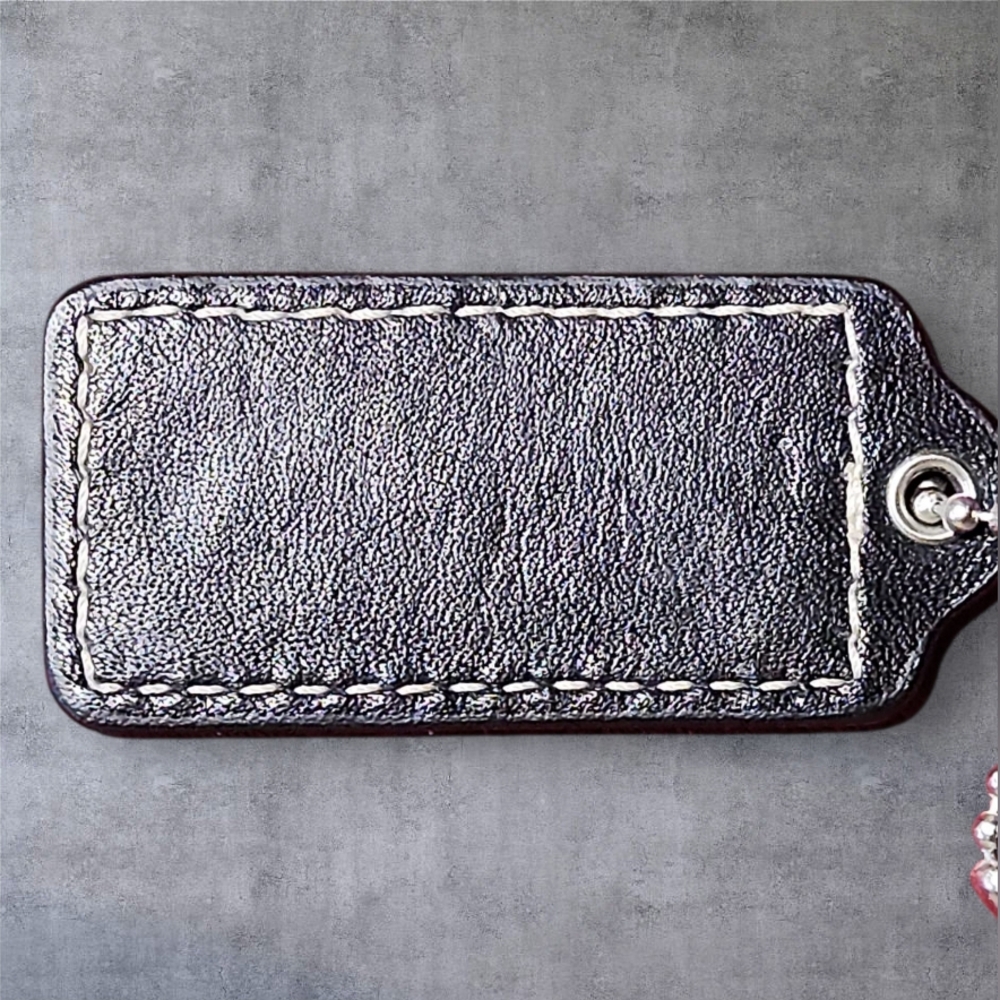 COACH Black Shiney W/White Stitching Leather Rectangle Key FOB, Size 2"x1" - Picture 3 of 3